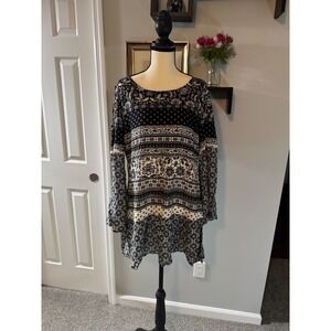 2 Love Boho Black White Floral Paisley Bell Sleeve Tiered Mini Dress/Tunic